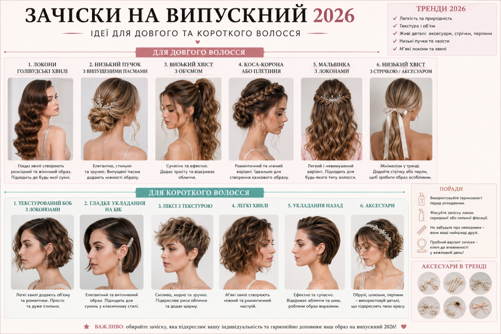 Інфографіка із сучасними зачісками на випускний 2026 для довгого та короткого волосся з прикладами укладок і трендами
