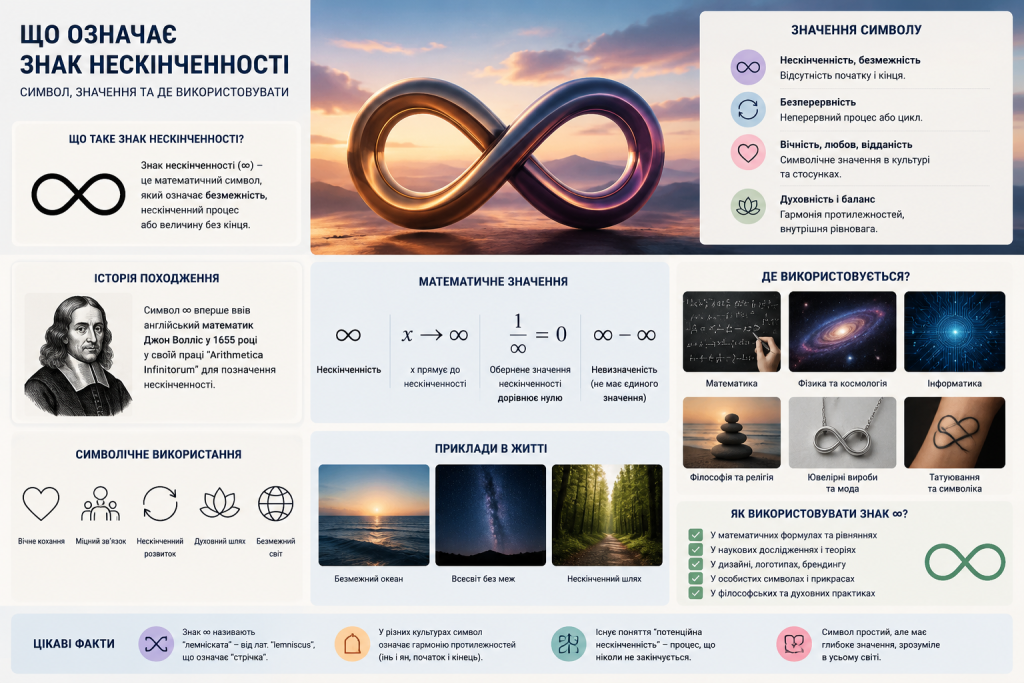 Інфографіка про значення знака нескінченності, його історію та використання