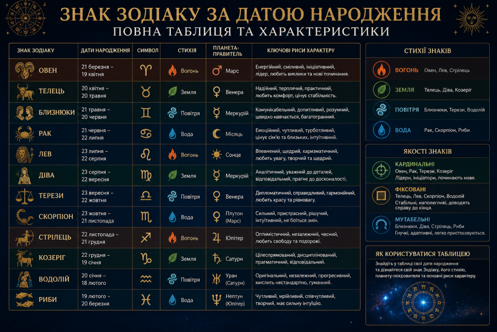 Таблиця знаків зодіаку з датами народження, стихіями, планетами та рисами характеру