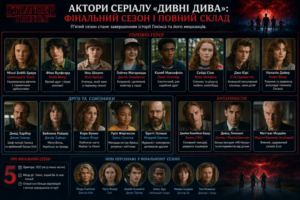 Інфографіка з акторами та персонажами серіалу «Дивні дива», поділеними на головних героїв, союзників і антагоністів