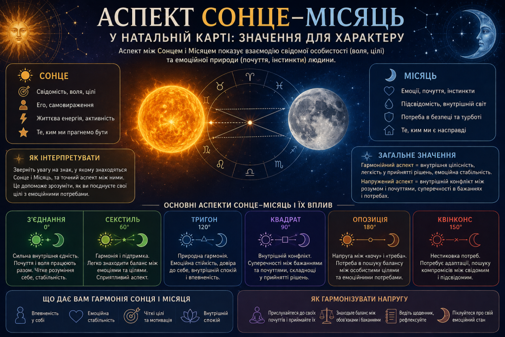 Інфографіка про значення аспектів Сонця і Місяця та їхній вплив на характер людини