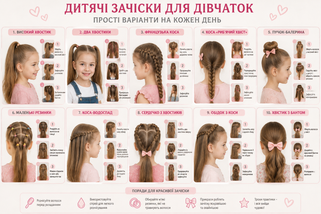 Інфографіка з десятьма простими дитячими зачісками для дівчаток та покроковими прикладами