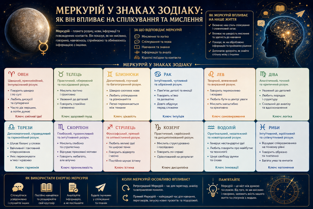 Астрологічна інфографіка про значення Меркурія у дванадцяти знаках зодіаку та його вплив на спілкування
