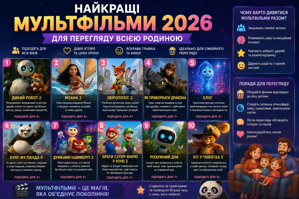 Інфографіка з добіркою найкращих мультфільмів 2026 року для сімейного перегляду