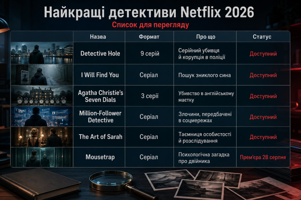 Добірка найкращих детективних серіалів Netflix 2026 року з короткими описами сюжетів і жанрів