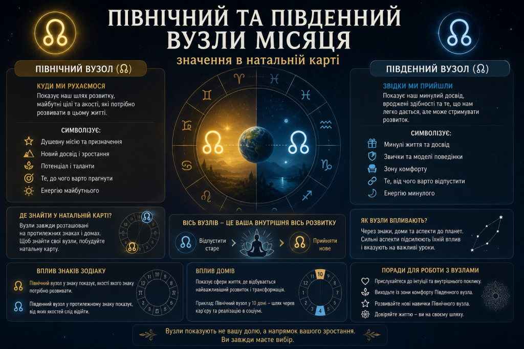 Інфографіка про значення Північного і Південного вузлів Місяця в натальній карті