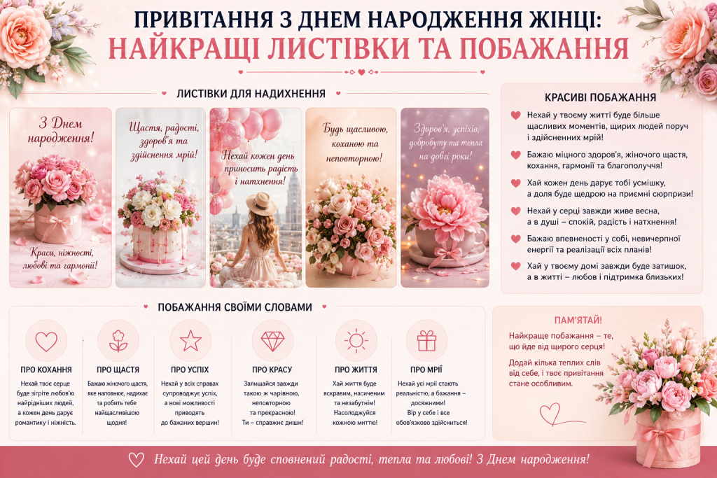 Святкова інфографіка з квітковими листівками та побажаннями жінці з нагоди дня народження