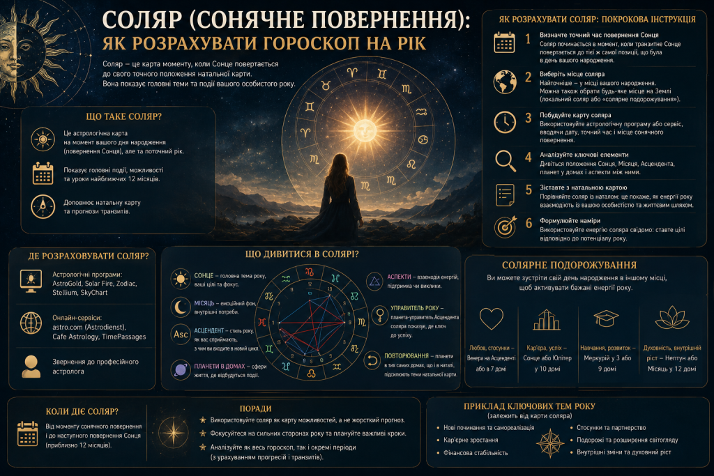 Інфографіка про соляр, сонячне повернення та розрахунок астрологічного гороскопу на рік