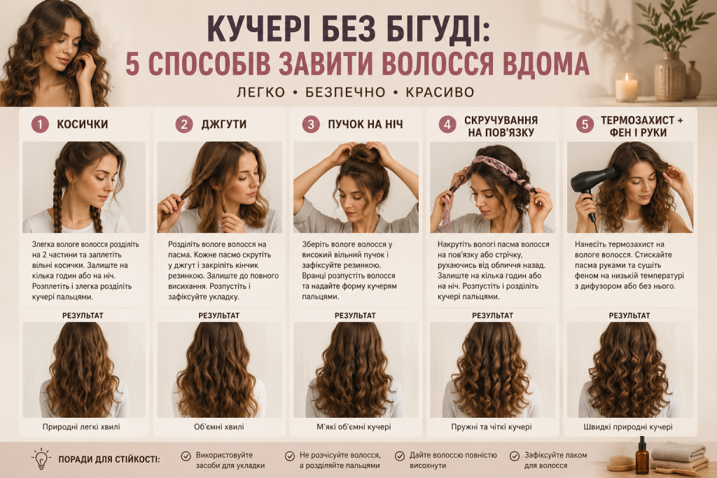 Інфографіка з п’ятьма способами завити волосся без бігуді в домашніх умовах