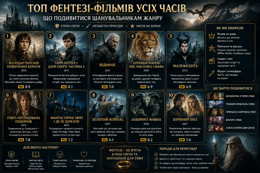 Інфографіка з добіркою найкращих фентезі-фільмів усіх часів та рекомендаціями для перегляду