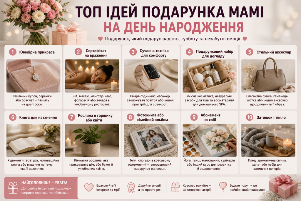 Інфографіка з десятьма ідеями подарунків для мами на день народження