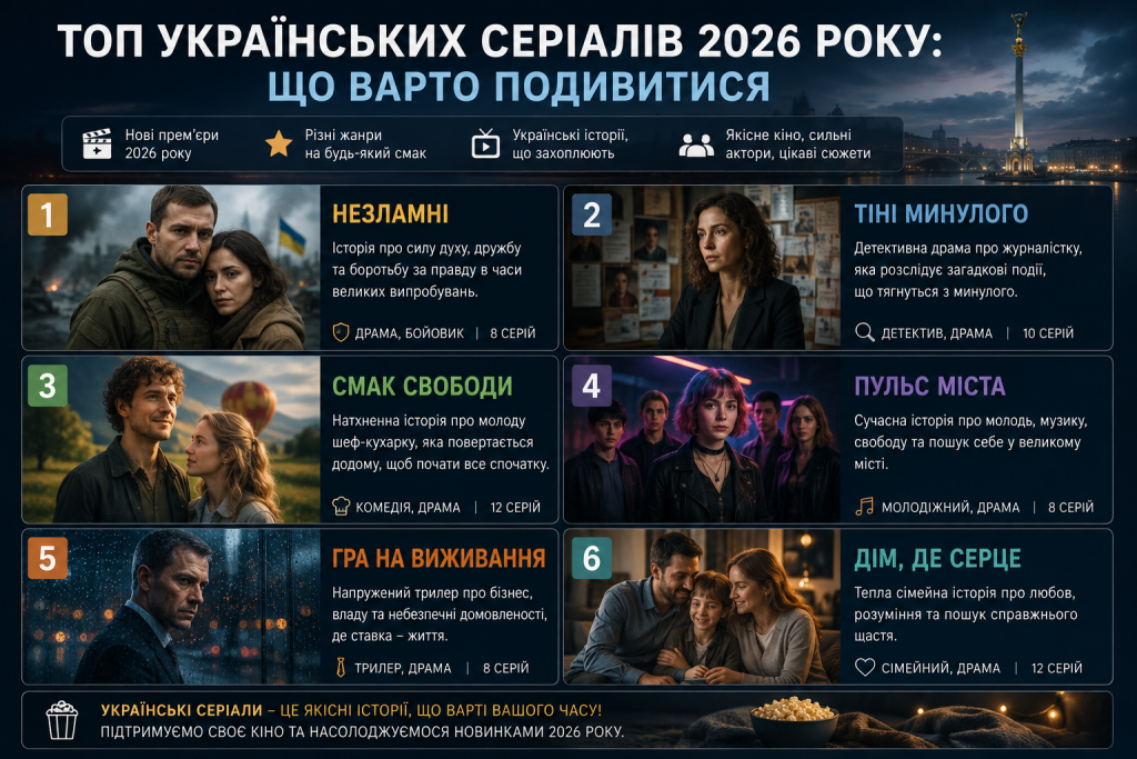Інфографіка з добіркою українських серіалів різних жанрів, які варто подивитися у 2026 році