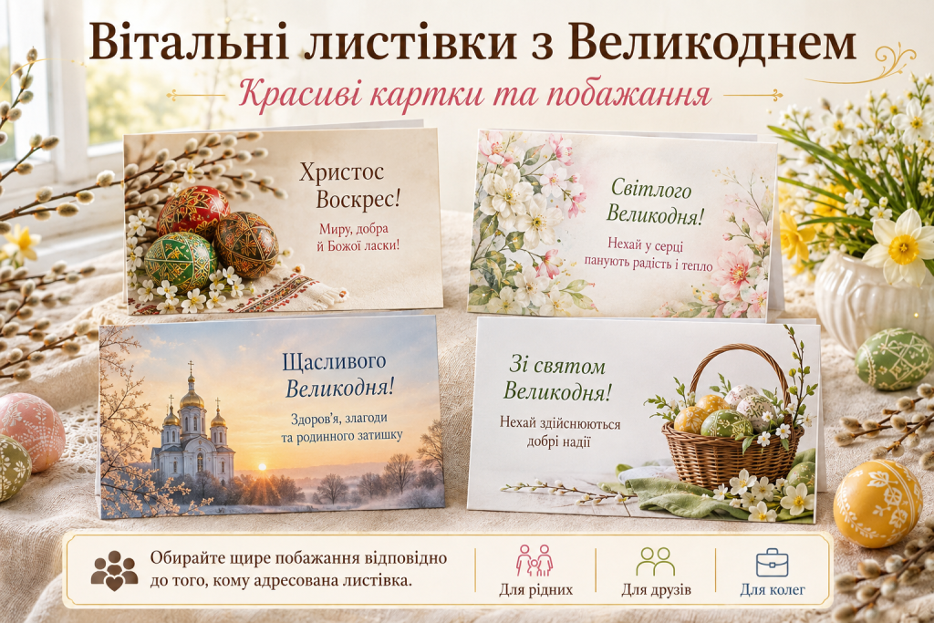 Добірка святкових великодніх листівок з українськими привітаннями, писанками, пасками та весняними квітами